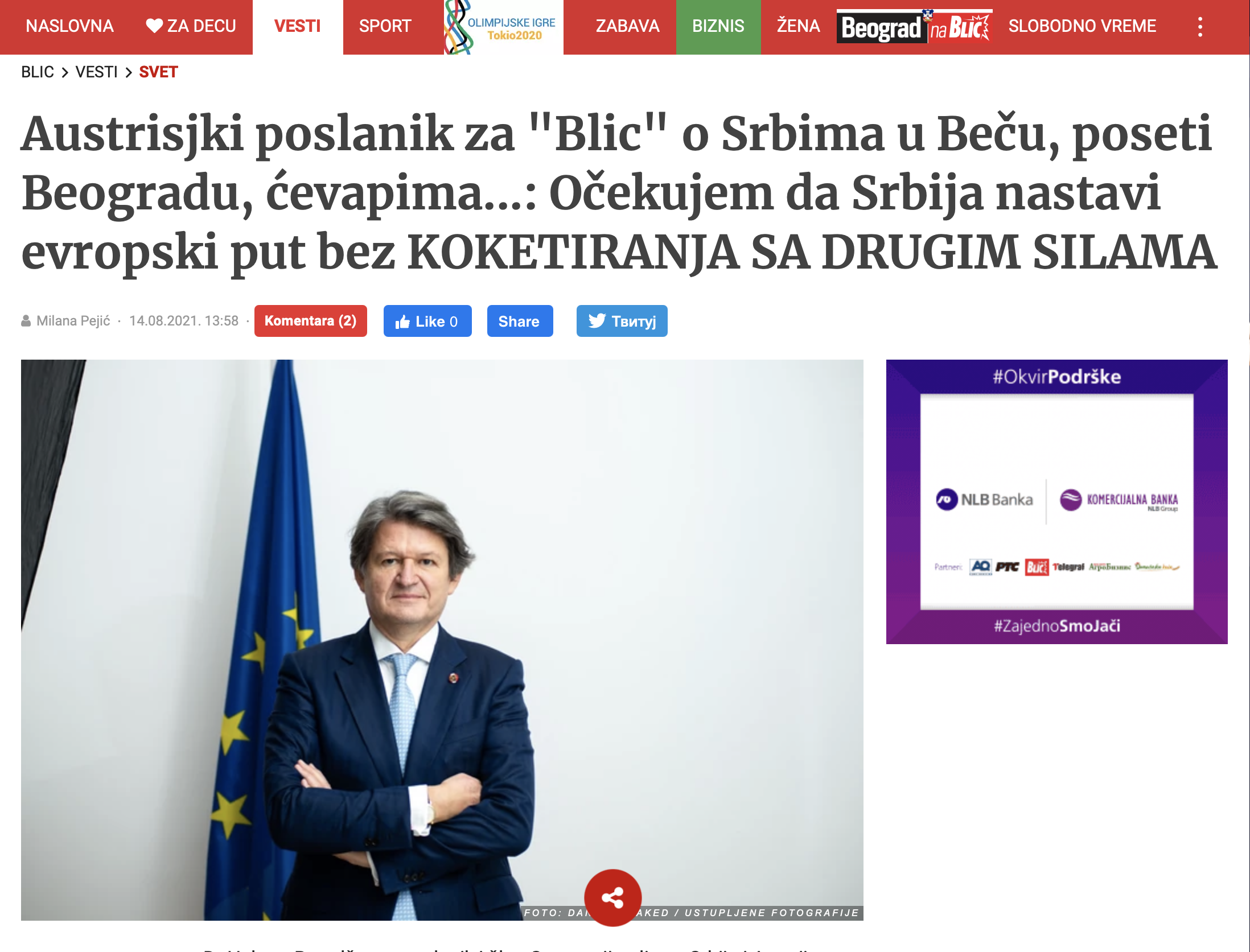 Helmut Brandstätter (NEOS) im Sommerinterview mit der serbischen Tageszeitung Blic
