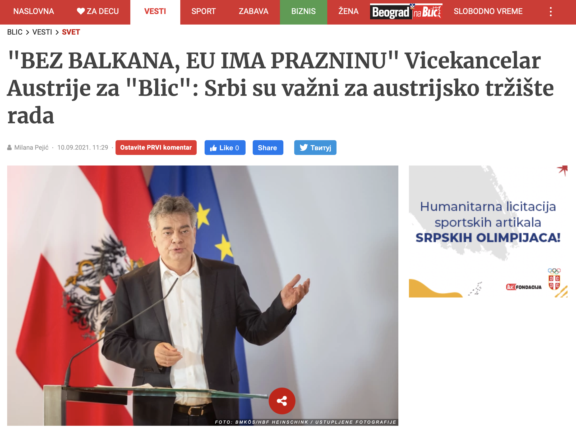 Vizekanzler Werner Kogler (GRÜNE) im Sommerinterview mit der serbischen Tageszeitung Blic
