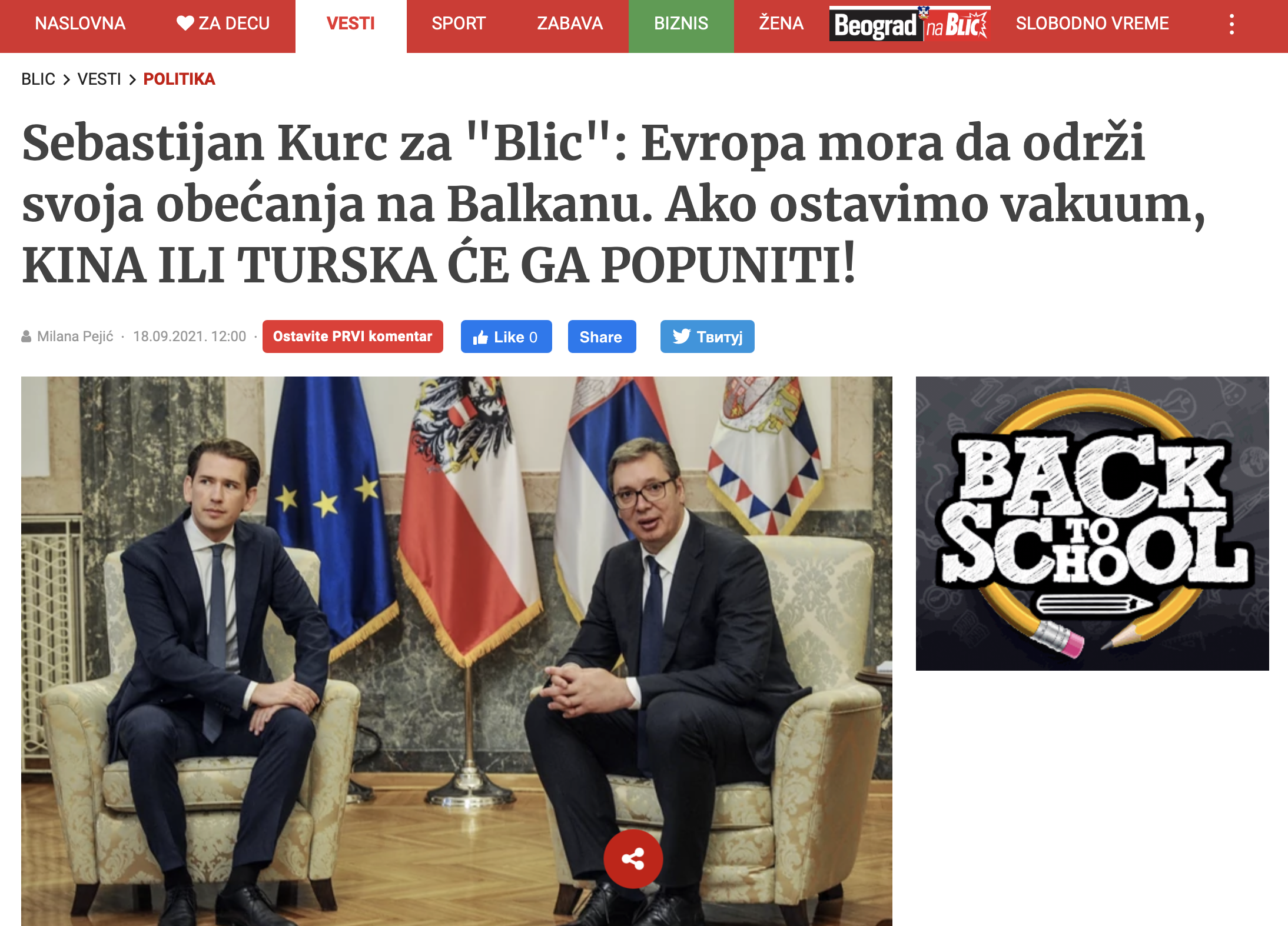 Bundeskanzler Sebastian Kurz (ÖVP) im Sommerinterview mit der serbischen Tageszeitung Blic
