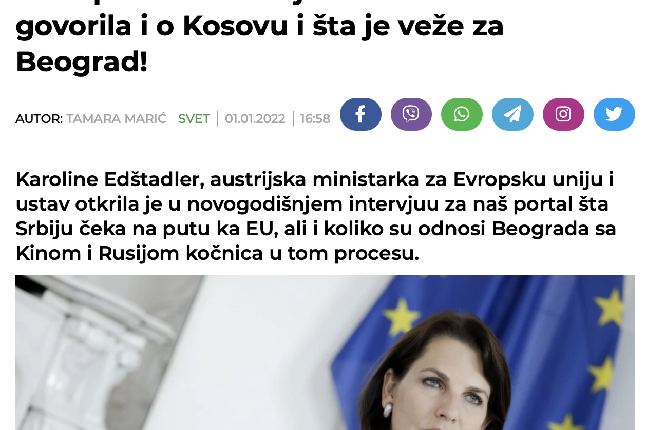 Europaministerin Karoline Edtstadler im Neujahrsinterview mit dem serbischen Newsportal republika.rs