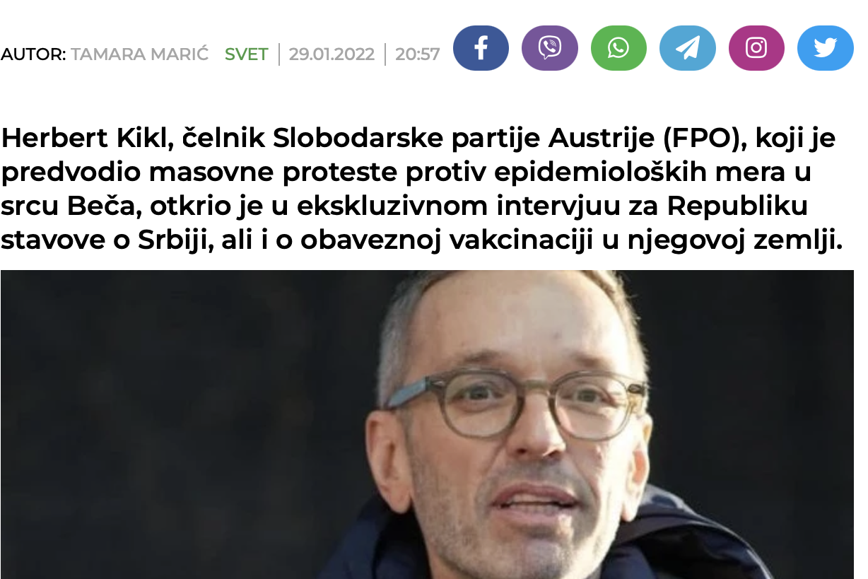 FPÖ-Bundesparteiobmann Herbert Kickl im Exklusivinterview mit der serbischen Tageszeitung Srpski Telegraf und dem Newsportal republika.rs