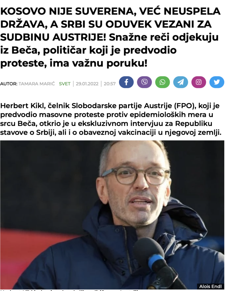 FPÖ-Bundesparteiobmann Herbert Kickl im Exklusivinterview mit der serbischen Tageszeitung Srpski Telegraf und dem Newsportal republika.rs